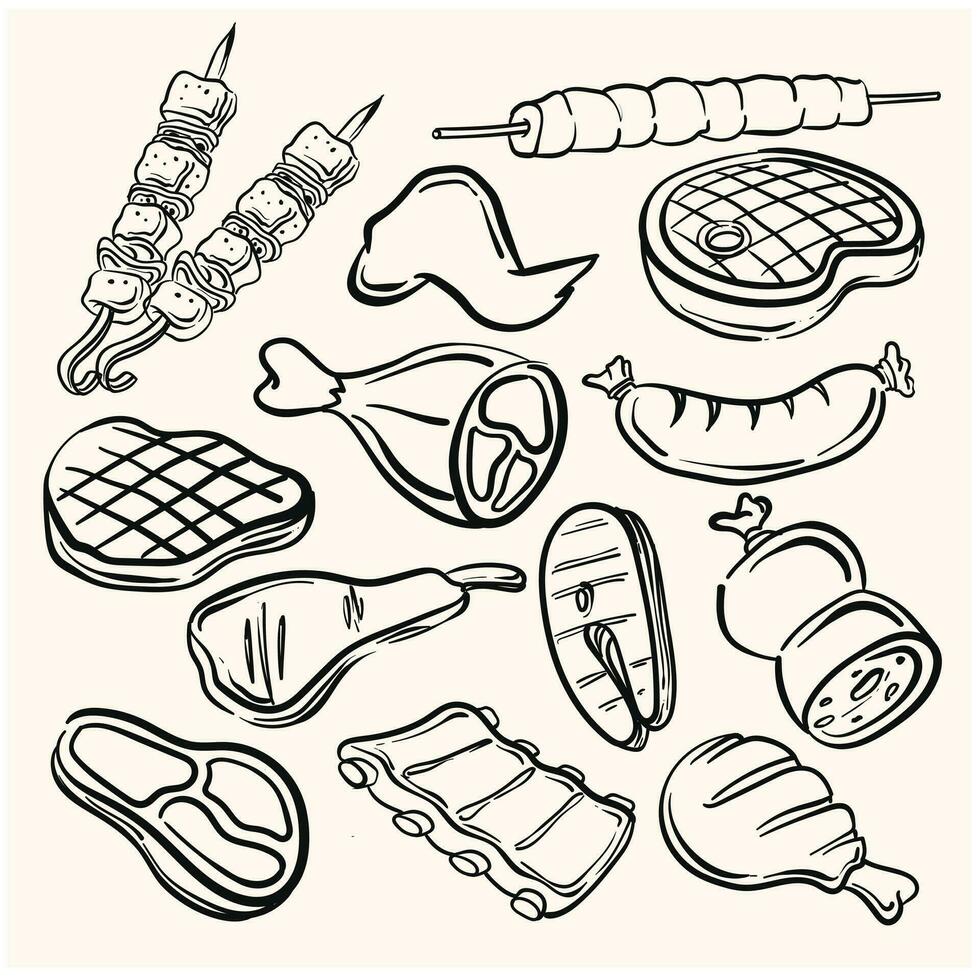 en uppsättning av kött och fjäderfän hand dragen i klotter linje konst stil och grädde färgad bakgrund vektor