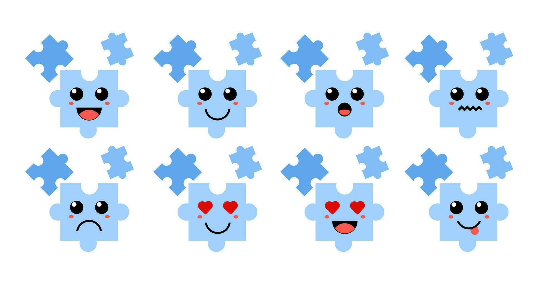 einstellen von süß Karikatur bunt Blau Puzzle mit anders Emotionen. komisch Emotionen Charakter Sammlung zum Kinder. Fantasie Figuren. Vektor Illustrationen, Karikatur eben Stil
