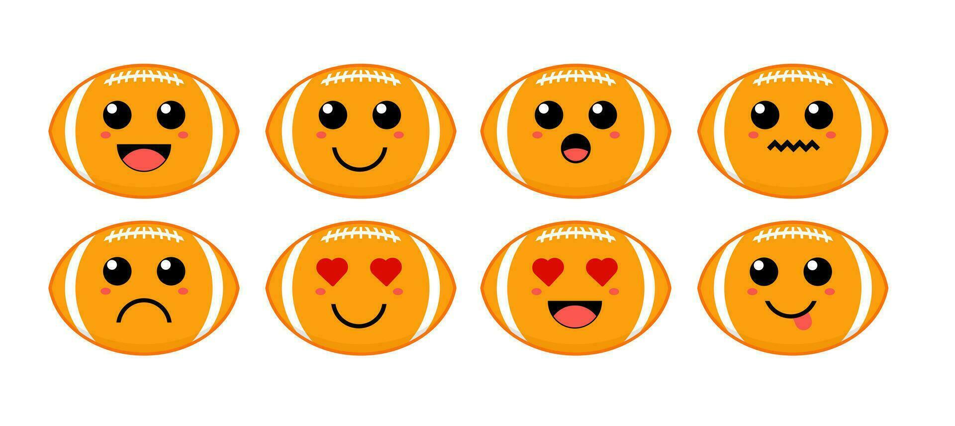 uppsättning av söt tecknad serie färgrik rugby boll med annorlunda känslor. rolig känslor karaktär samling för ungar. fantasi tecken. vektor illustrationer, tecknad serie platt stil