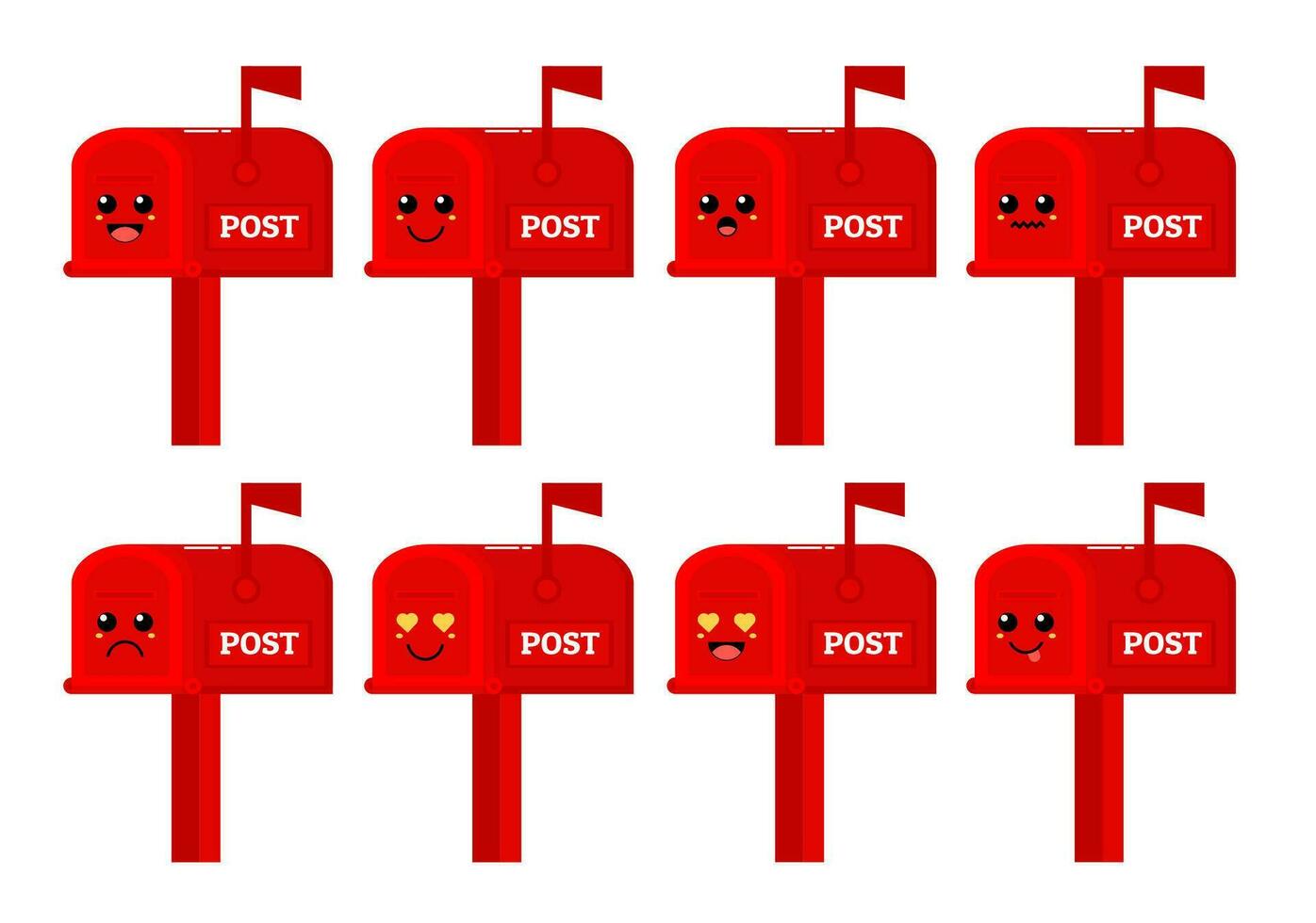 einstellen von süß Karikatur bunt rot Mail Box mit anders Emotionen. komisch Emotionen Charakter Sammlung zum Kinder. Fantasie Figuren. Vektor Illustrationen, Karikatur eben Stil