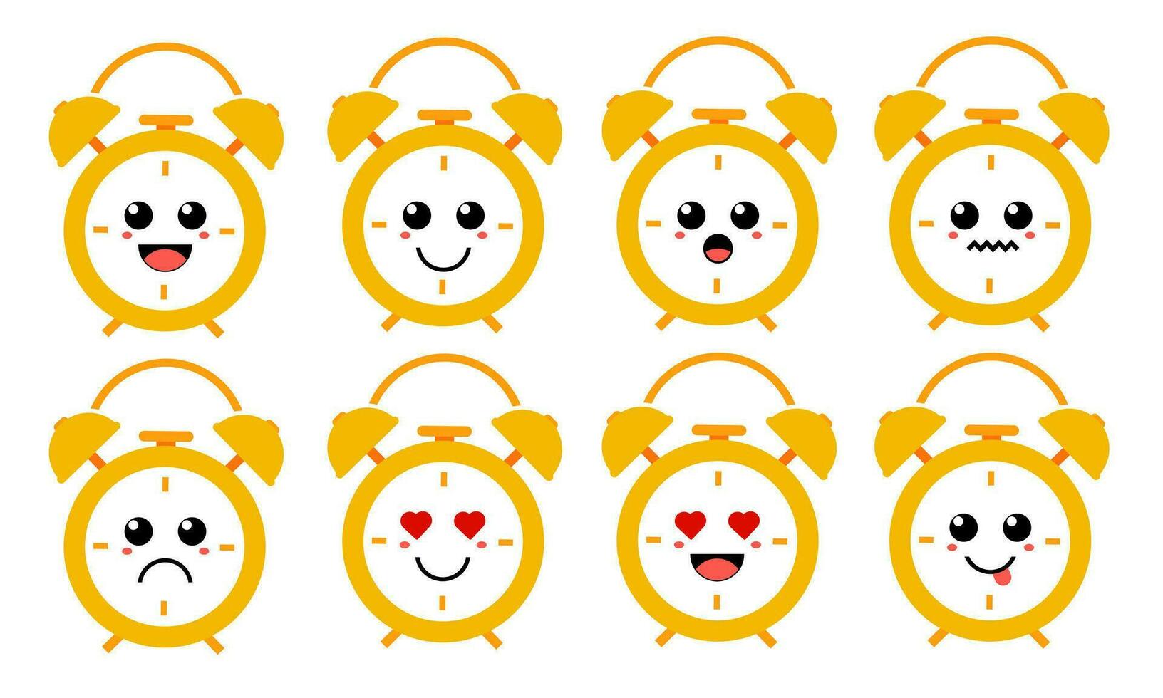 einstellen von süß Karikatur bunt Gelb Alarm Uhr mit anders Emotionen. komisch Emotionen Charakter Sammlung zum Kinder. Fantasie Figuren. Vektor Illustrationen, Karikatur eben Stil