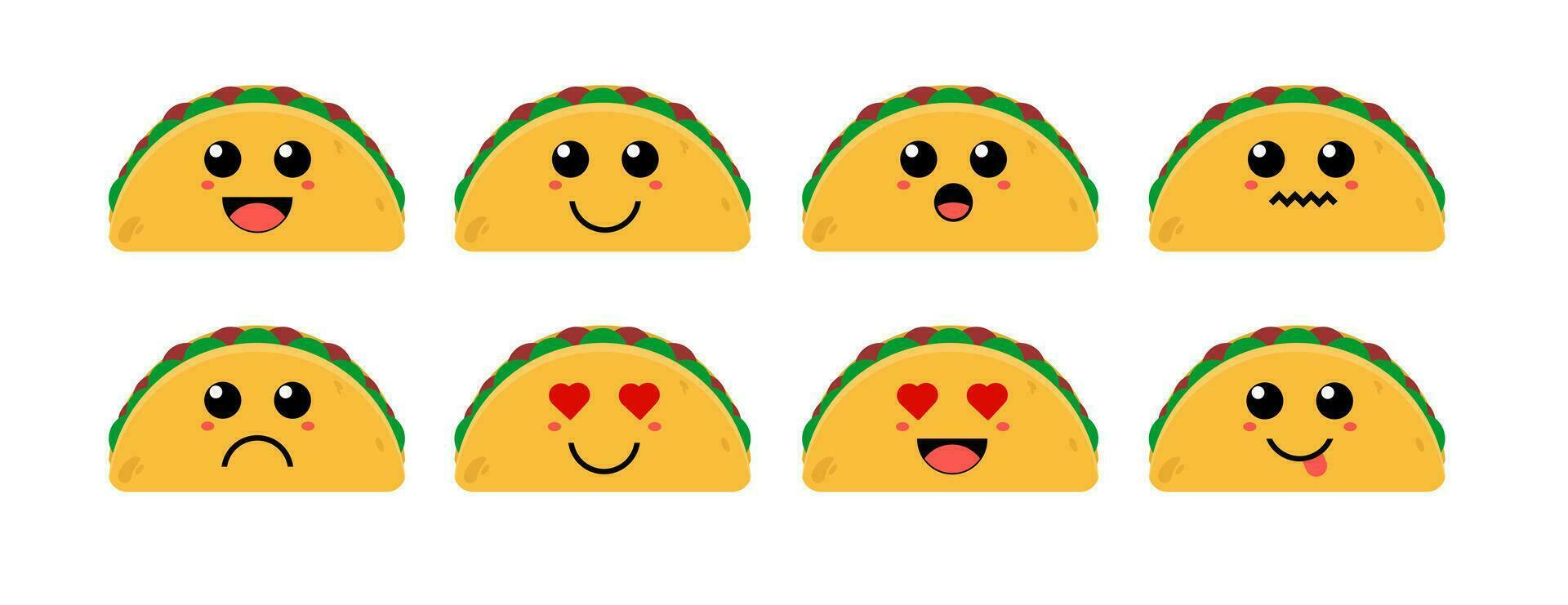 uppsättning av söt tecknad serie färgrik taco med annorlunda känslor. rolig känslor karaktär samling för ungar. fantasi tecken. vektor illustrationer, tecknad serie platt stil