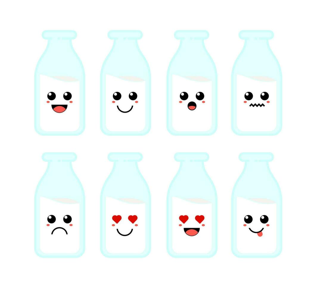 einstellen von süß Karikatur bunt Milch Flasche mit anders Emotionen. komisch Emotionen Charakter Sammlung zum Kinder. Fantasie Figuren. Vektor Illustrationen, Karikatur eben Stil