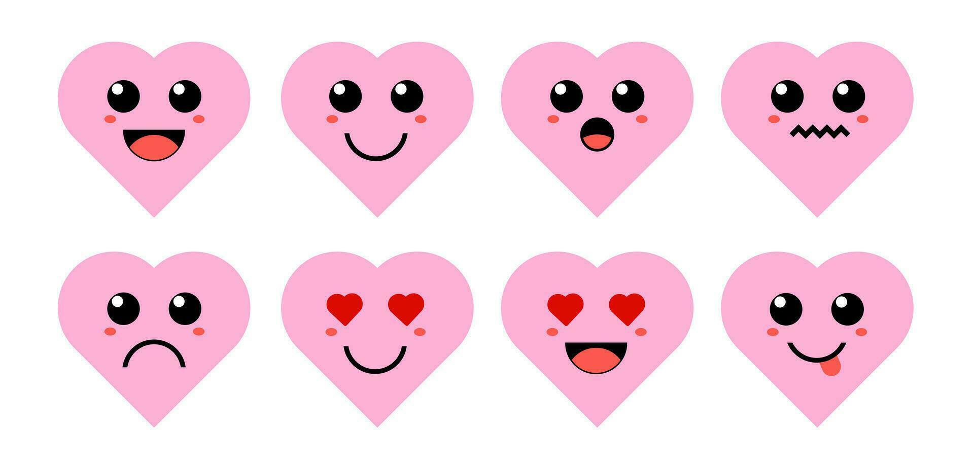 uppsättning av söt tecknad serie färgrik rosa kärlek hjärta med annorlunda känslor. rolig känslor karaktär samling för ungar. fantasi tecken. vektor illustrationer, tecknad serie platt stil