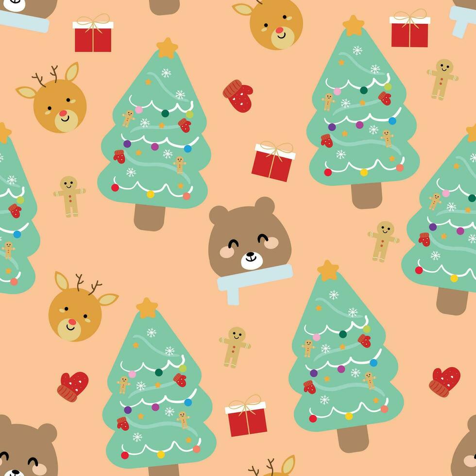 Karikatur Bär nahtlos Muster mit Rentier und Weihnachten Elemente. süß Weihnachten Hintergrund zum Karten, Geschenk Verpackung Papier vektor