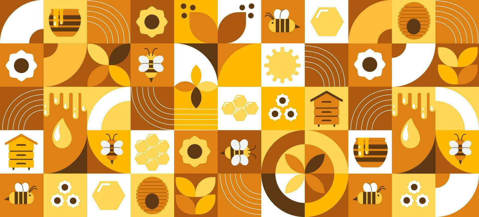 bakgrund med bin, honung, honungskakor, bikupa, blommor. modern abstrakt baner. bauhaus stil stil. vektor illustration av geometrisk former.