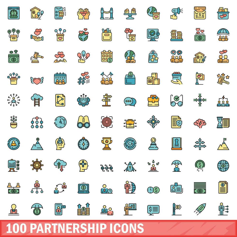 100 partnerskap ikoner uppsättning, Färg linje stil vektor