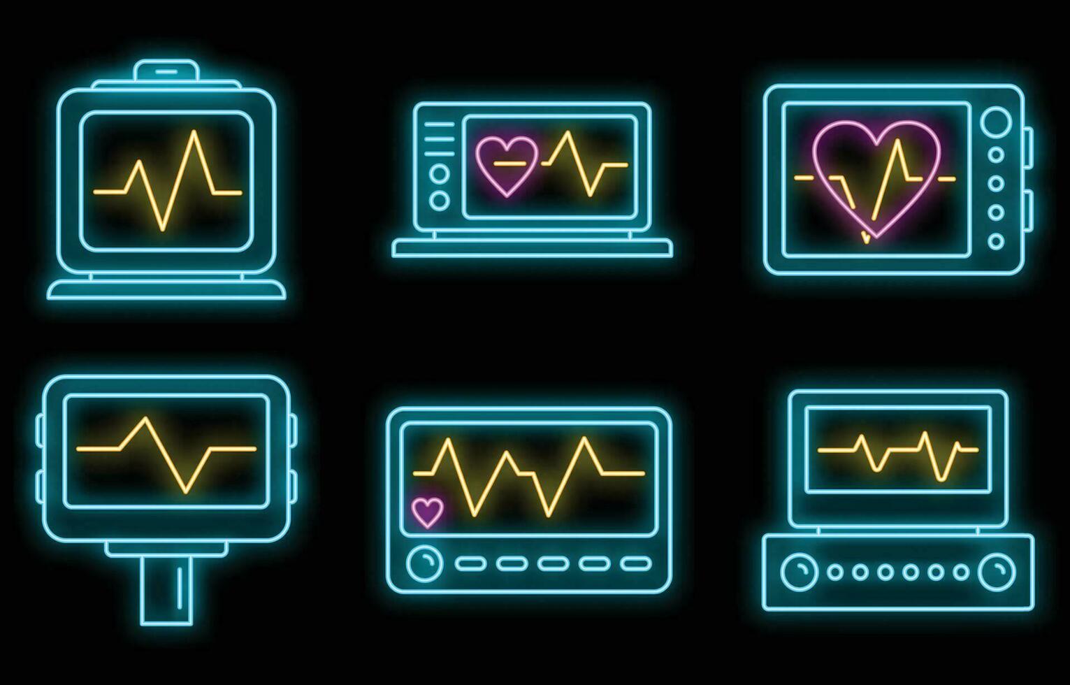 medicinsk elektrokardiogram ikoner uppsättning vektor neon