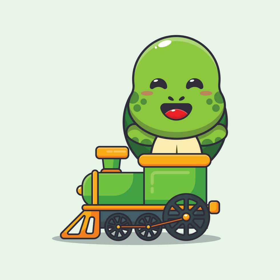 söt sköldpadda rida på tåg tecknad serie vektor illustration.