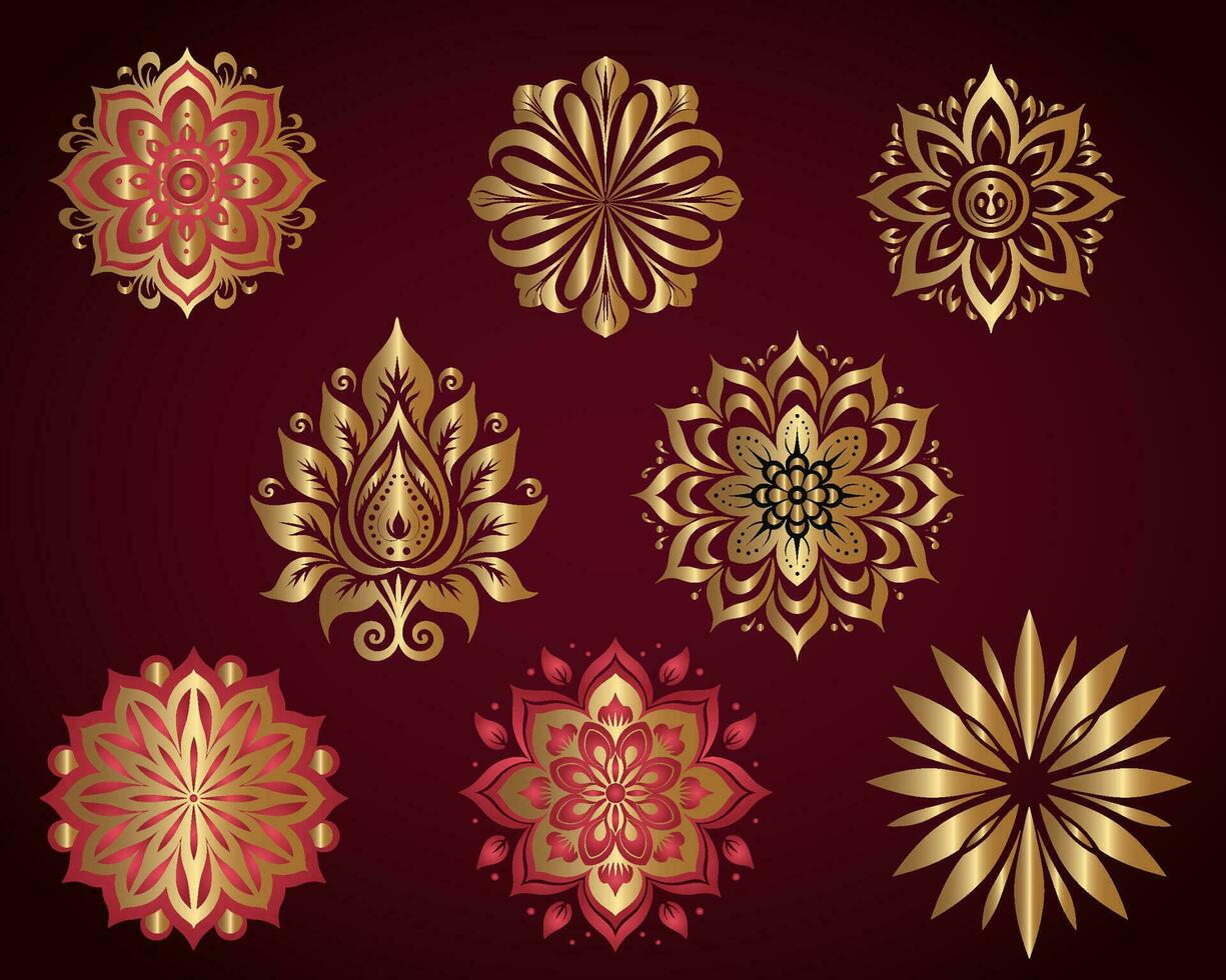 kastanienbraun Mandala Mosaik, ein Sammlung von golden Blumen- Symmetrie vektor