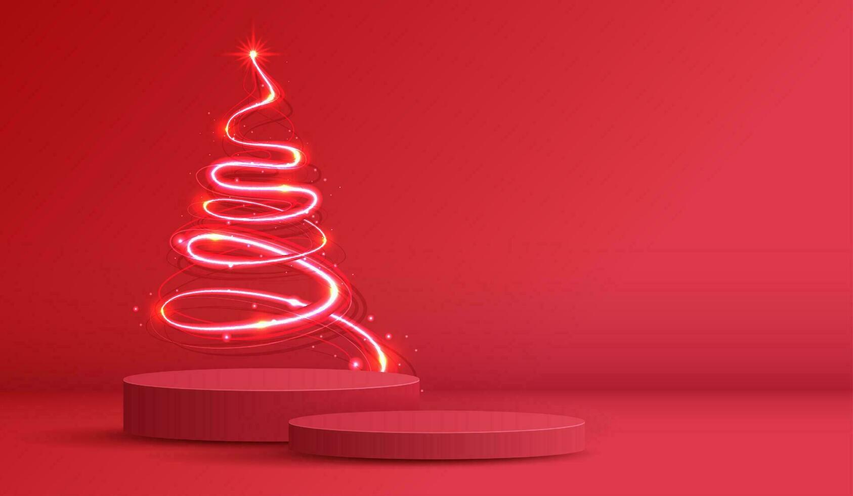 Podium gestalten zum Show kosmetisch Produkt Anzeige zum Weihnachten Tag oder Neu Jahre. Stand Produkt Vitrine auf rot Hintergrund mit Baum Weihnachten, golden Ball und Licht. Vektor Design.