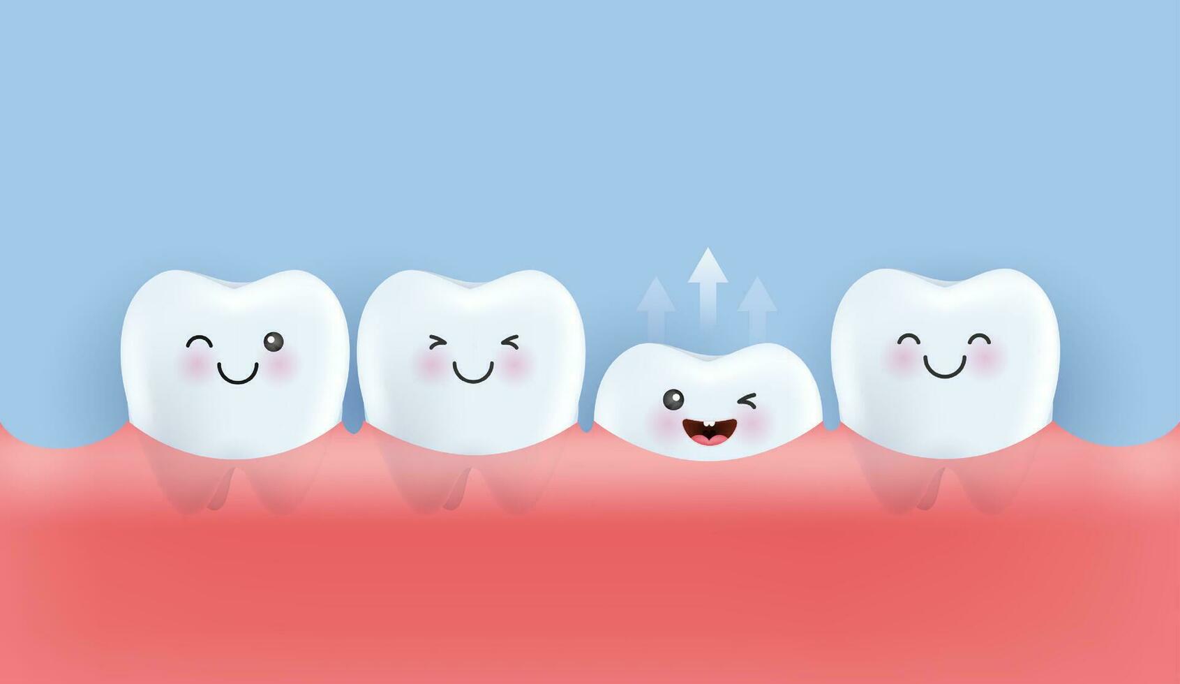 Zahn wachsend oben von Gummi und andere Zähne sind lächelnd. Zähne zum Kinder. Dental und Zahnheilkunde Konzept zum Kinder Krankenhaus. gesund Zähne Charakter. süß sauber Karikatur Symbol. Vektor Design.