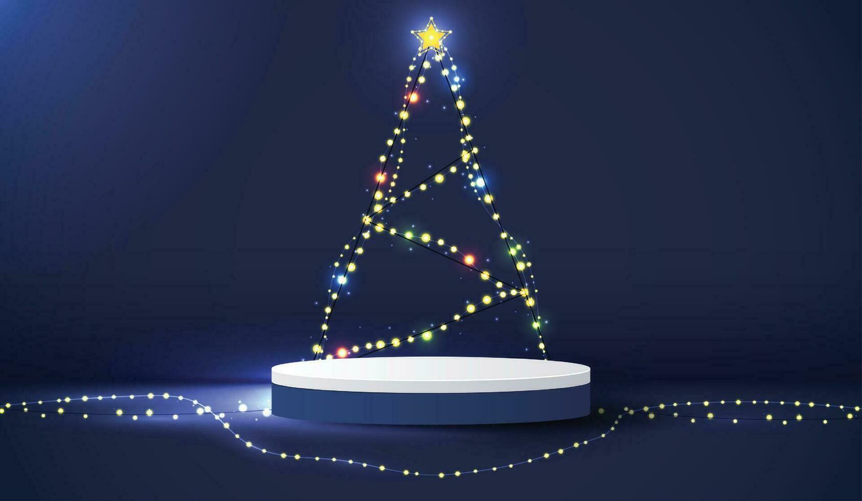 podium form för visa kosmetisk produkt visa för jul dag eller ny år. stå produkt monter på blå bakgrund med ljus träd jul. vektor design.