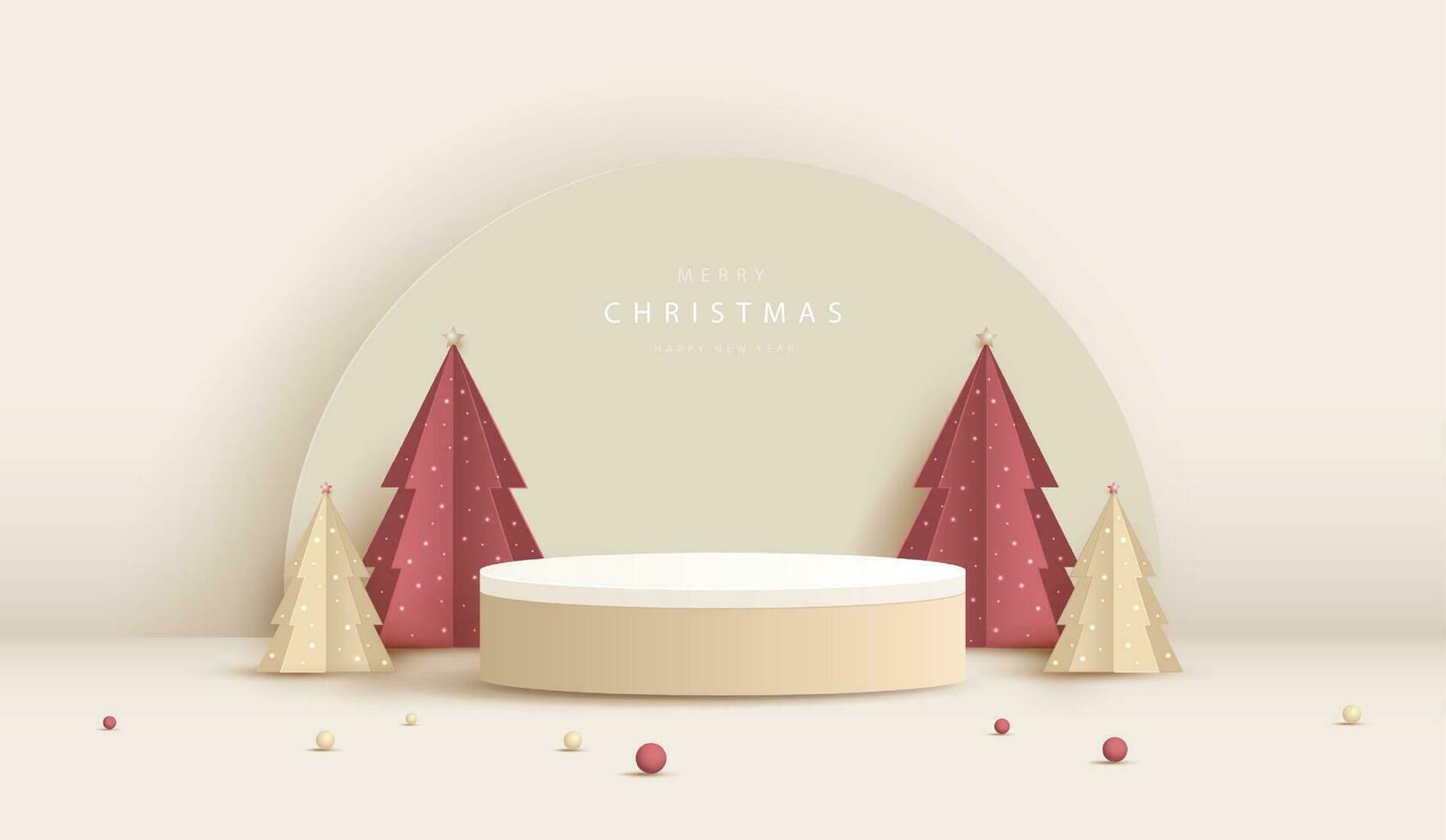 Podium gestalten zum Show kosmetisch Produkt Anzeige zum Weihnachten Tag oder Neu Jahre. Stand Produkt Vitrine minimal auf Sahne Hintergrund mit Baum Weihnachten. Vektor Design.