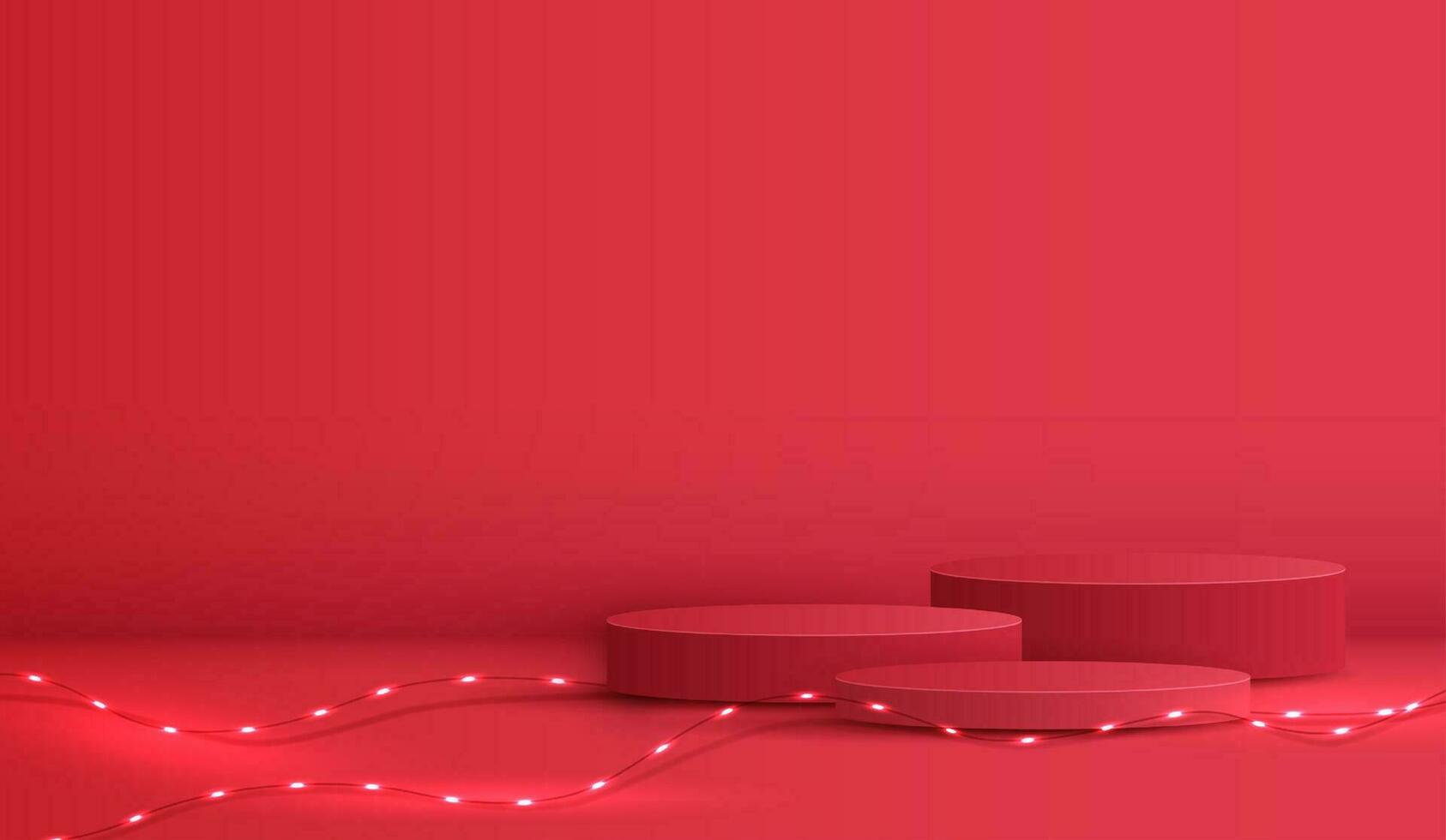 podium form för visa kosmetisk produkt visa för jul dag eller ny år. stå produkt monter på röd bakgrund med belysning jul. vektor design.