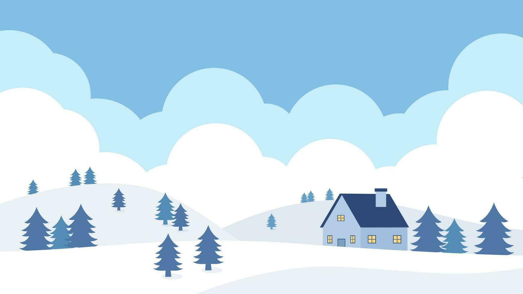 vinter- landskap illustration med tall träd, moln, och hus. vinter- tapet med platt stil design. vinter- snö illustration med tecknad serie stil vektor