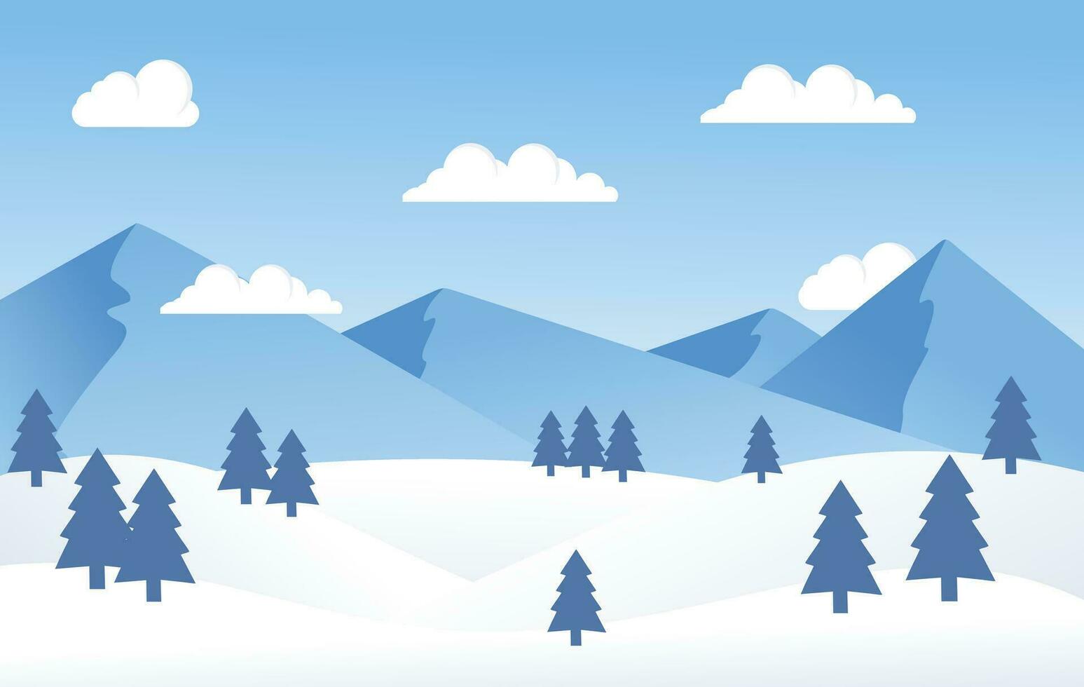 vinter- berg landskap illustration, vektor bakgrund med vinter- snö tema, platt design stil, vektor illustration av snö kullar, moln och träd