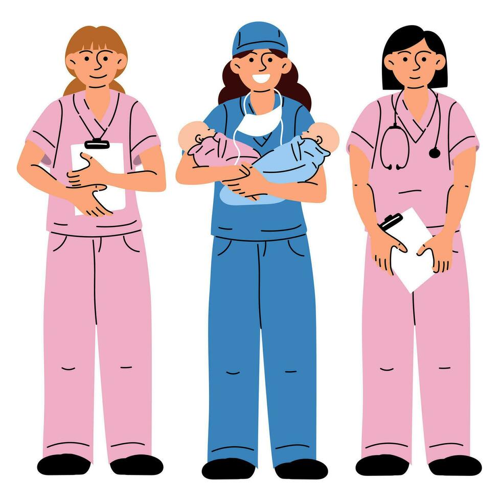 barnmorskor, medicinsk arbetare vem håll spädbarn och dokument. medicinsk uniformer av tvilling sjuksköterskor, barn i blå och rosa. efter ger födelse i full höjd. grupp av sjuksköterskor i färgad uniformer, grupp flickor vektor