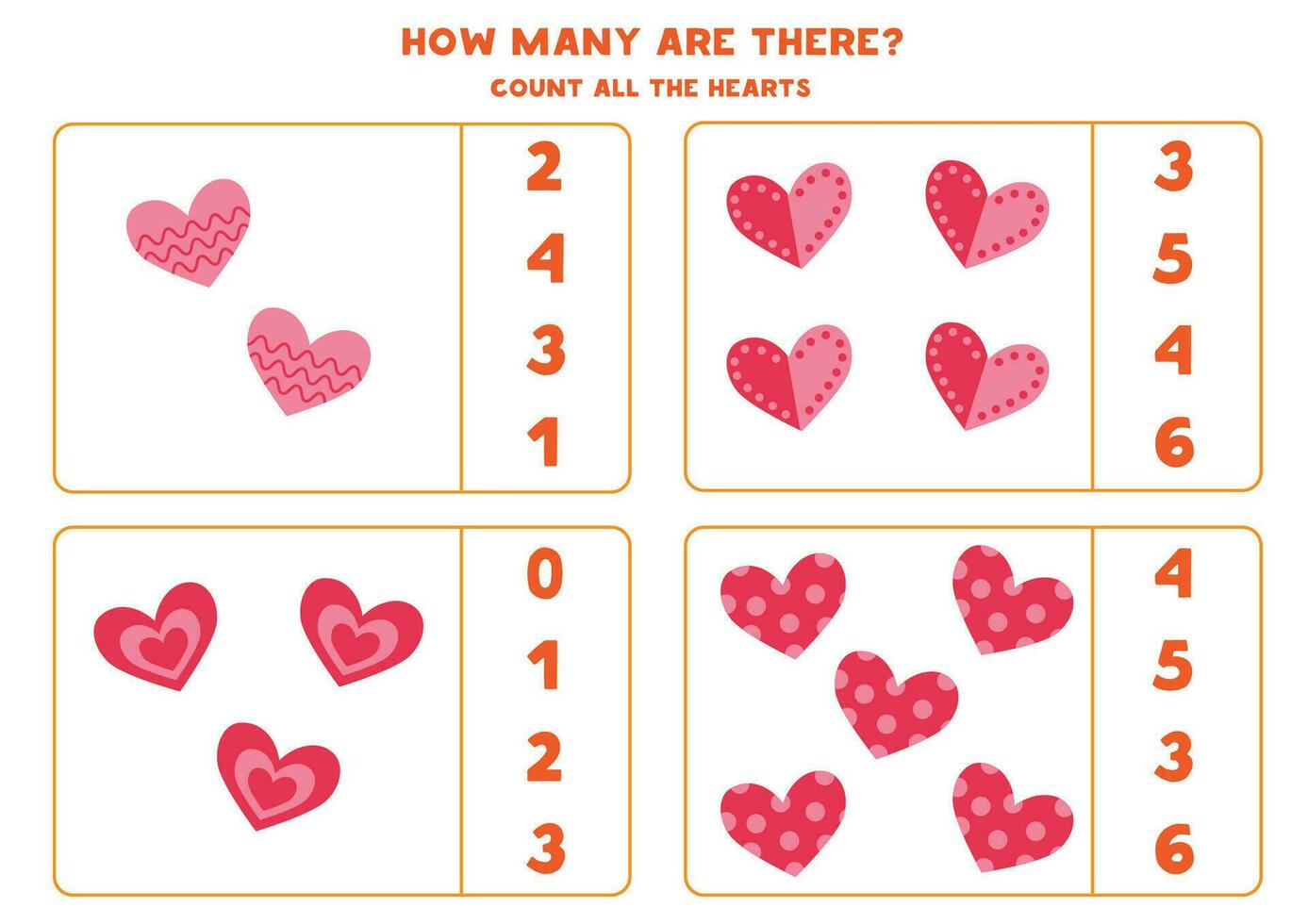 Anzahl alle Karikatur Herzen und Kreis das richtig Antworten. vektor