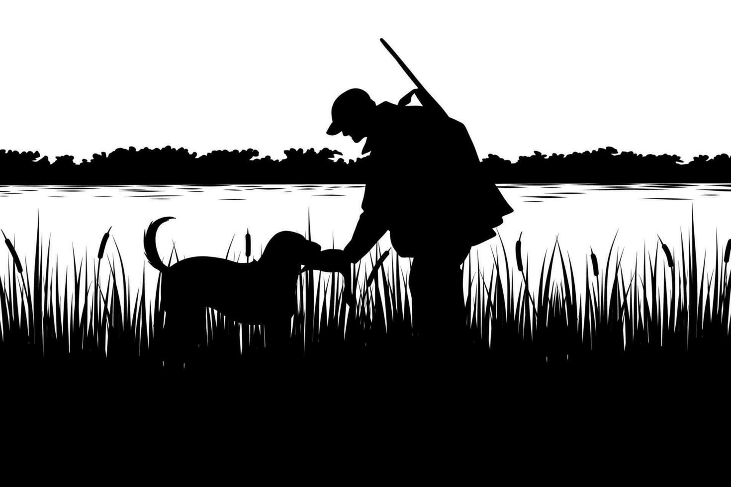 Vektor Illustration von ein Ente Jäger auf ein Fluss im schwarz und Weiß Silhouette Stil