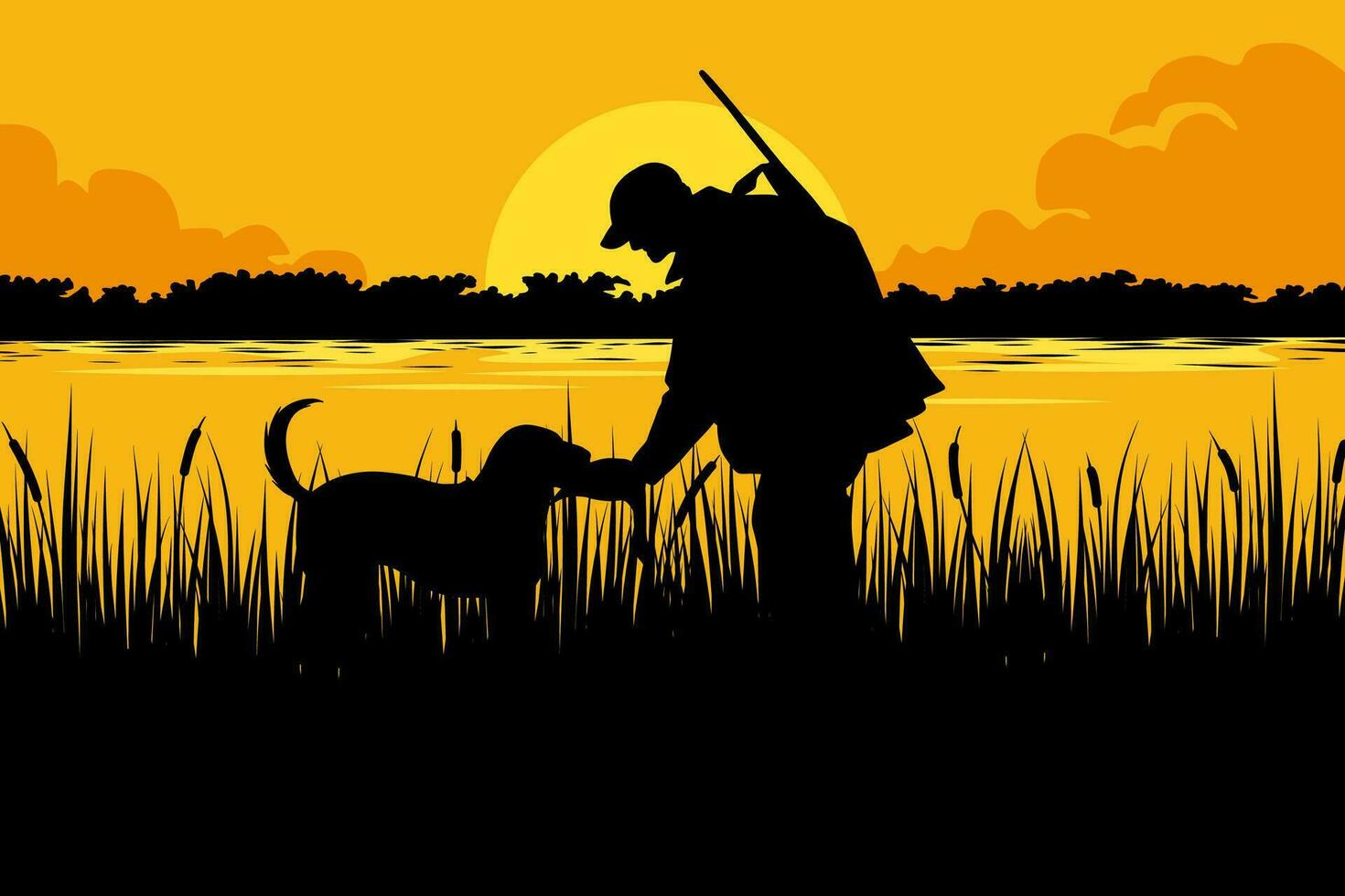 Vektor Illustration von Ente Jäger auf Fluss im Silhouette Stil