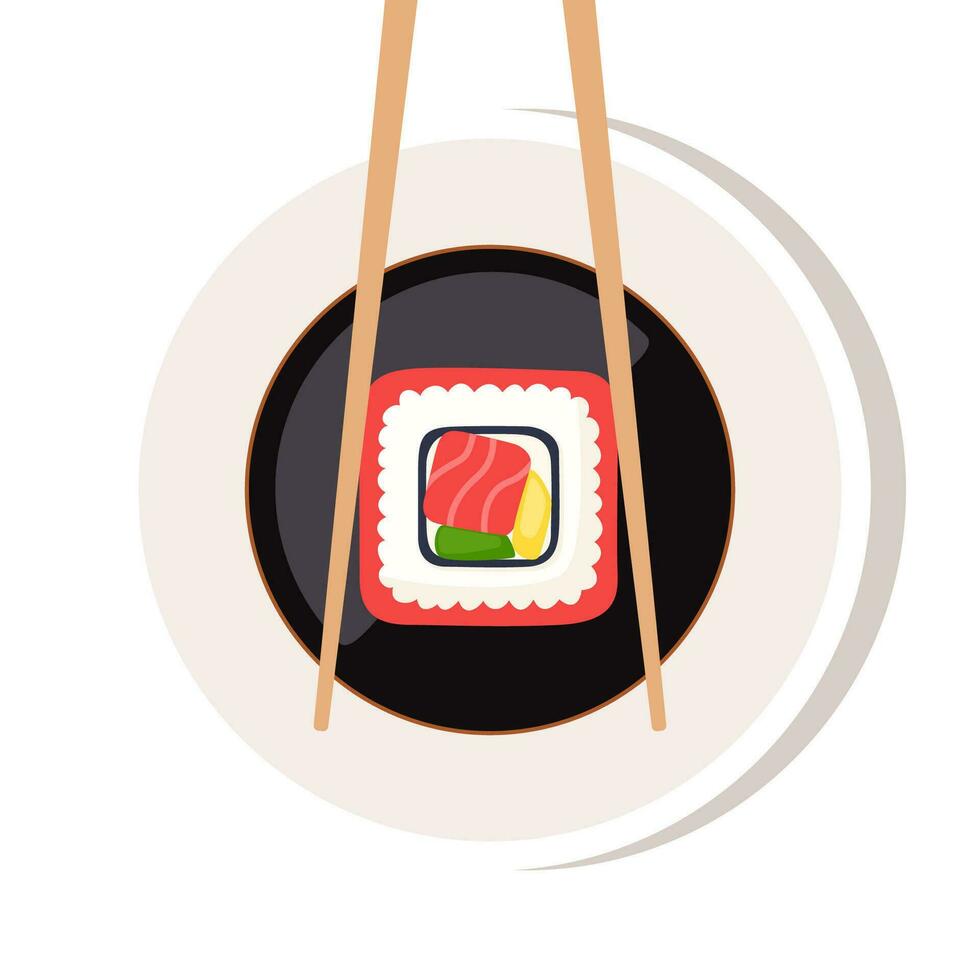 Soja Soße im ein Schüssel, Essstäbchen mit Sushi Stück rollen unter das Schüssel. japanisch Küche, traditionell Lebensmittel. Vektor Illustration.