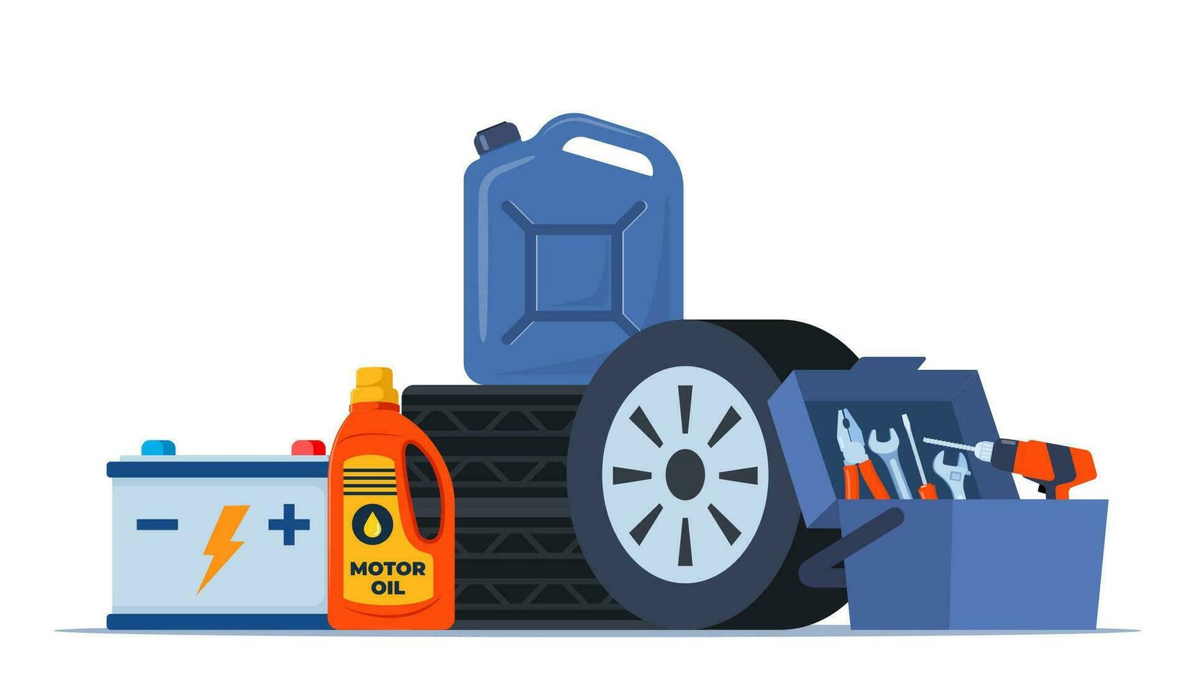 bil service Tillbehör sammansättning med verktyg utrustning, bensin burk och batteri. vektor illustration.