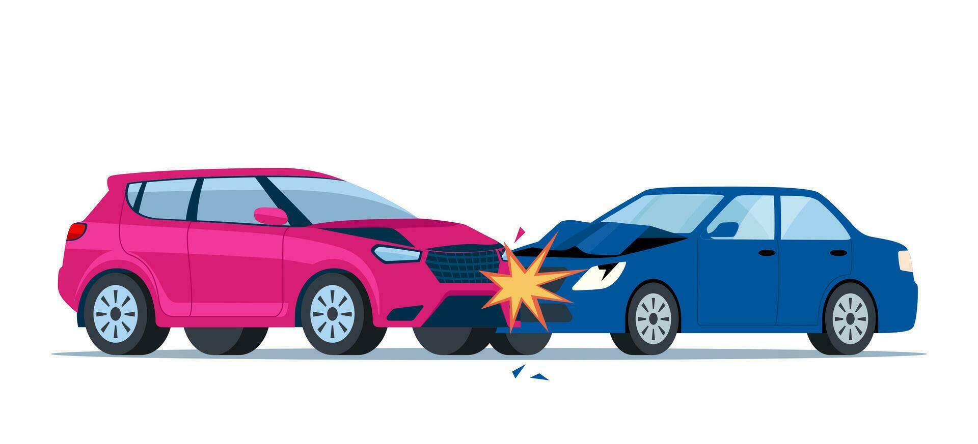 bil olycka. skadad transport på de väg. kollision av två bilar, sida se. skadad transport. kollision på väg, säkerhet av körning personlig fordon, bil försäkring. vektor illustration.