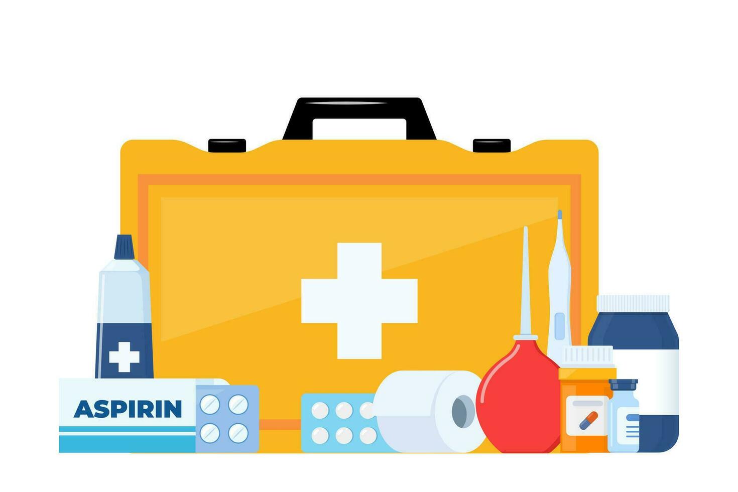 zuerst Hilfe Kit zum Krankenwagen Notfall, Fahrzeug, Büro, Reise. medizinisch Hilfe Artikel. Pflaster, Pillen, Bandage, Aspirin, Thermometer. Elemente zum medizinisch Infografiken. Vektor Illustration.