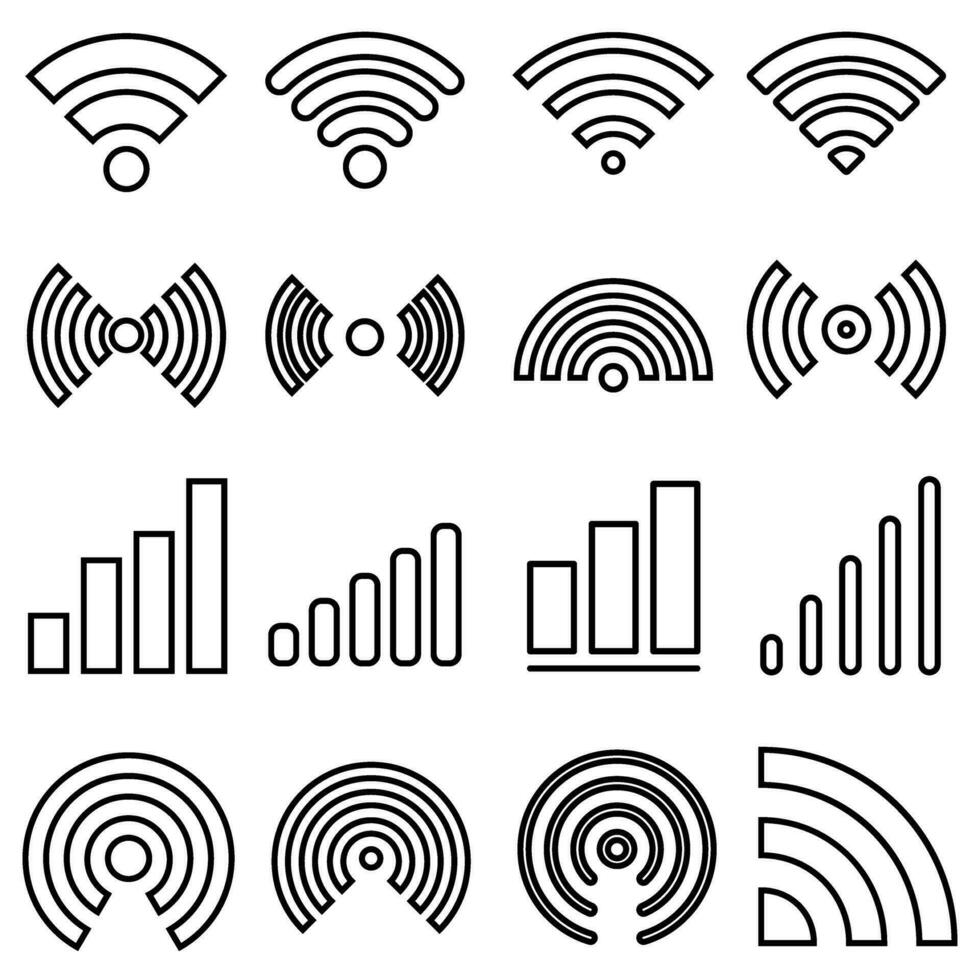 Signal einstellen Vektor Symbole. Radio Signale Wellen und Licht Strahlen, Radar, W-lan, Antenne und Satellit Signal Symbole. kabellos Technologien. Vektor Illustration.