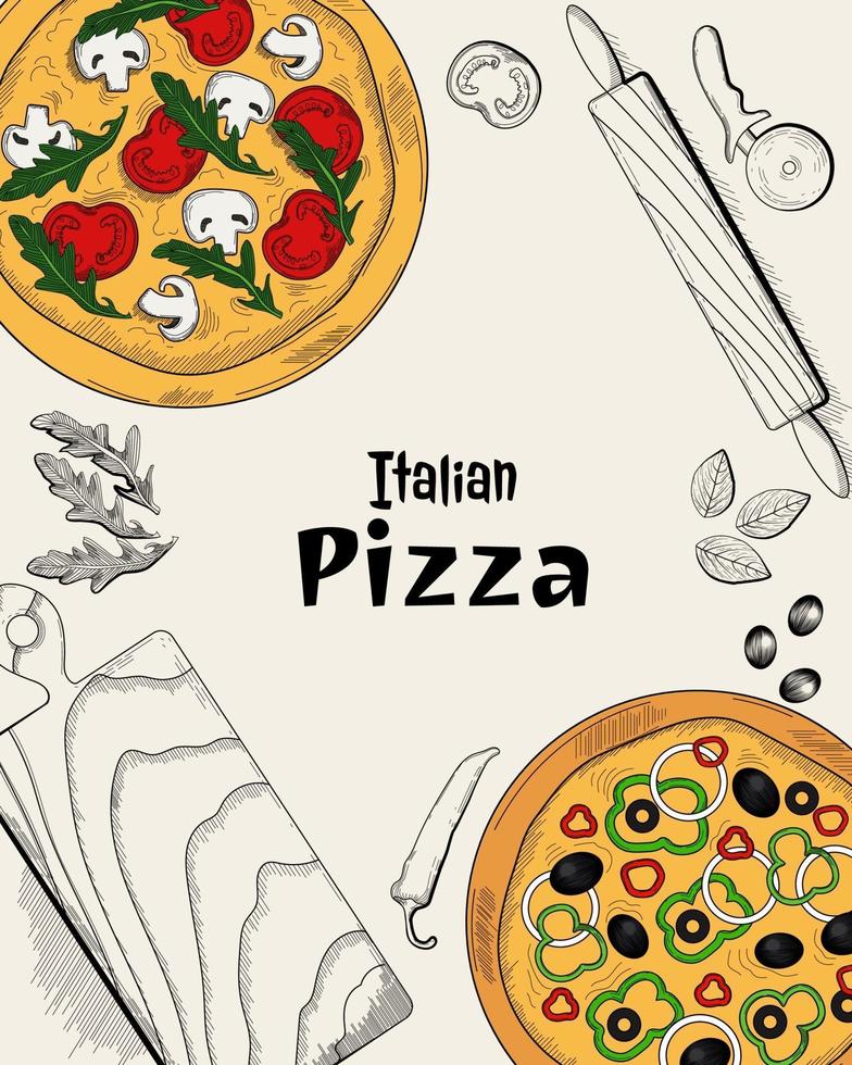 italiensk pizza, ingredienser och matlagning. matmenymall vektor