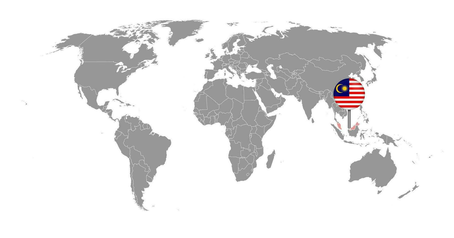 nåla karta med malaysiska flaggan på världskartan. vektor illustration.