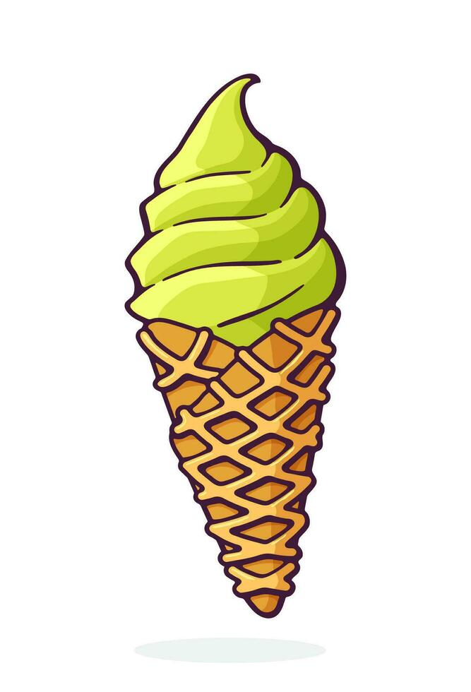 Scoop von Pistazie Eis Sahne im ein Waffel Kegel. Vektor Illustration. Hand gezeichnet Karikatur Illustration mit Umriss. Design Element isoliert auf Weiß Hintergrund