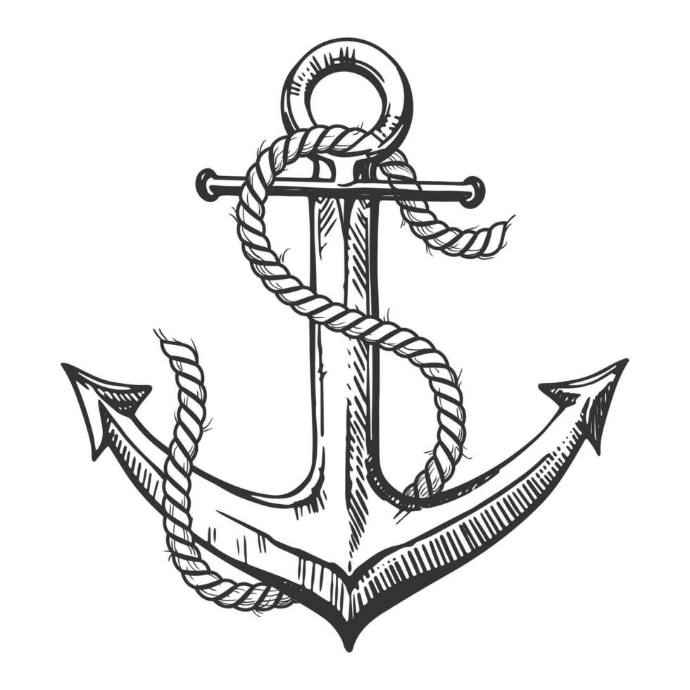 hav ankare insvept med rep. del av de Utrustning för de fartyg. vektor hand dragen illustration. ClipArt för tatuering, emblem, logotyp, märka på en vit bakgrund.