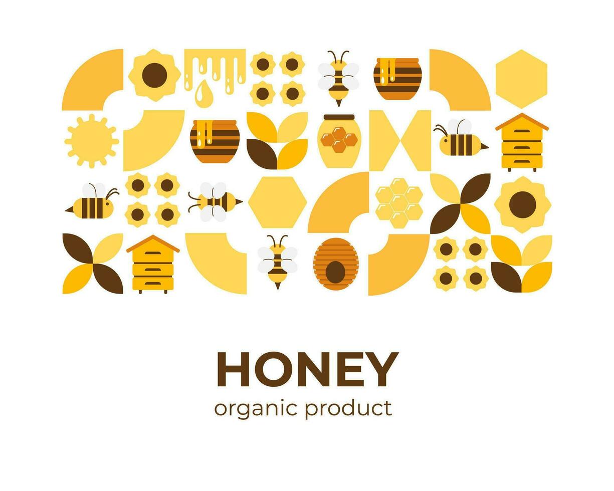 Banner, Poster mit Bienen, Honig, Waben, Bienenstock, Blumen. modern abstrakt Hintergrund. Bauhaus Stil Stil. Vektor Illustration von geometrisch Formen.