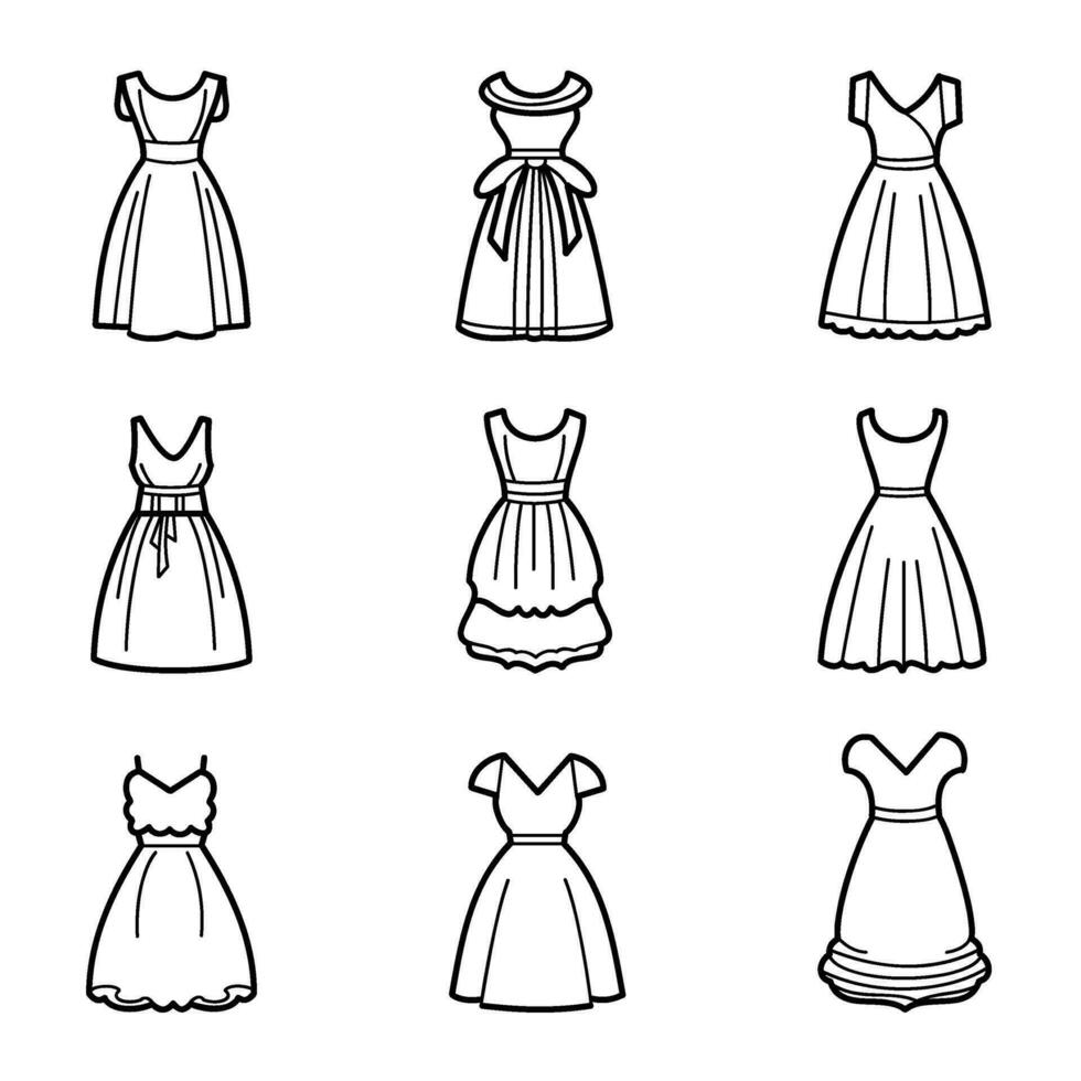 Fett gedruckt schwarz linear Linien Sammlung von Frauen Kleider, eben Hand gezeichnet Umrisse, Jahrgang weiblich Mode Vektor Illustration.