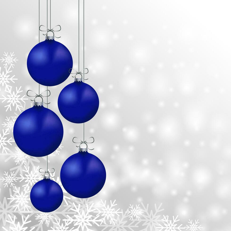 grå jul bakgrund. jul kort. snöflingor och blå bollar. vektor illustration