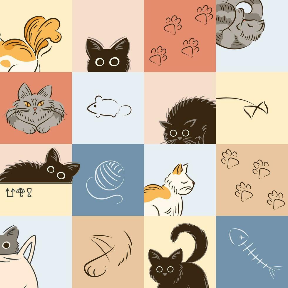 nahtlos Muster von Katzen im anders posiert im skizzieren Stil. Fett süß Katze Lebensstil. Haustiere. das Katze zischt, schläft, versteckt sich Sitzung im Kasten, Spaziergänge. zum Hintergrund, Stoff, Verpackung, Hintergrund. Fisch Knochen vektor