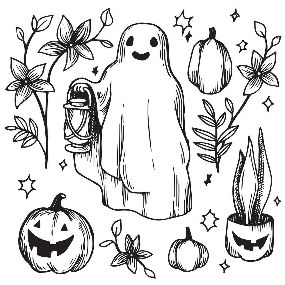 Vektor Zeichnung einstellen zum Halloween, komisch Geist, Kürbisse und Pflanzen. Illustration im skizzieren Stil, Jahrgang, retro Stil