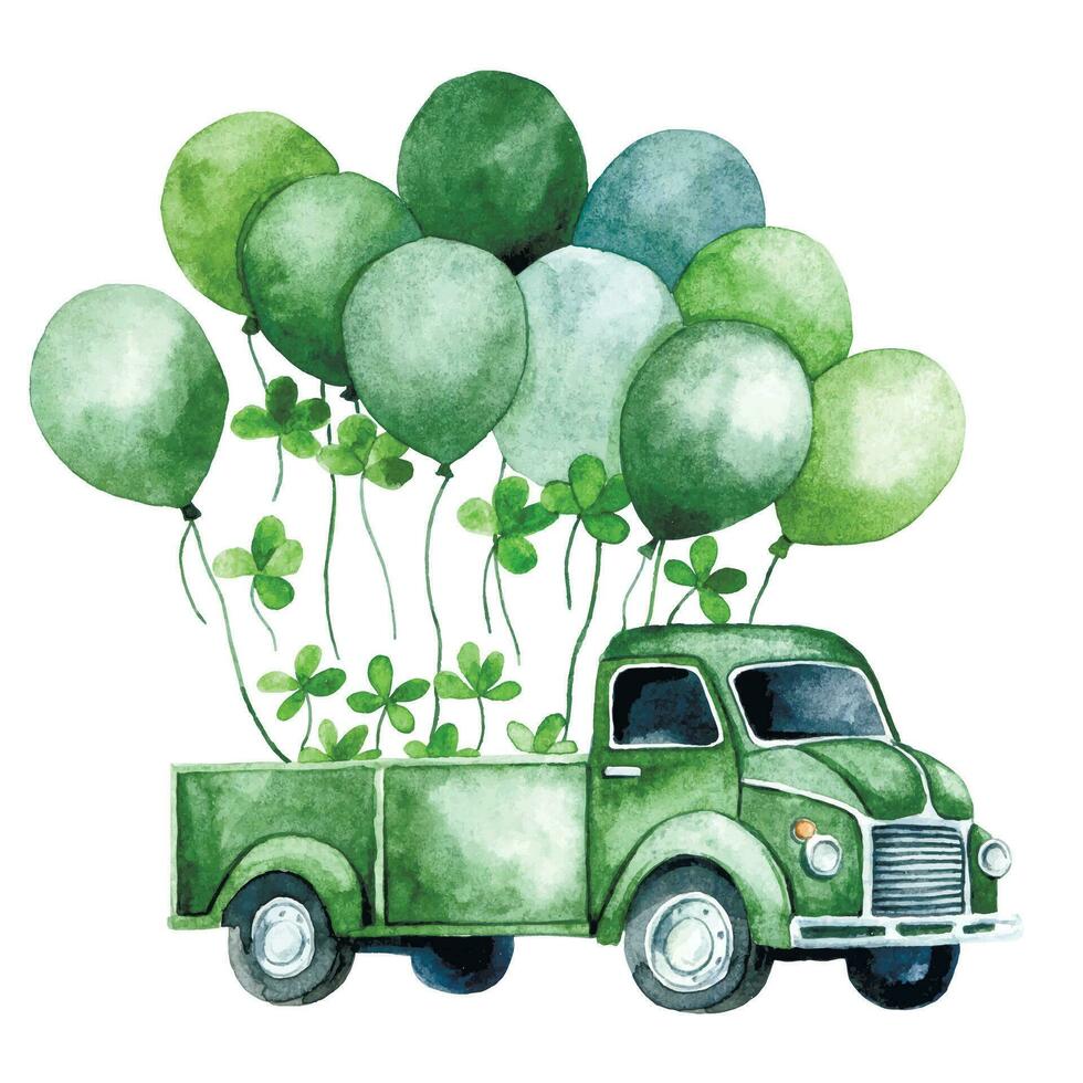 Aquarell Zeichnung zum st. Patrick's Tag. Grün Auto, LKW mit Luftballons und Kleeblatt. Jahrgang Illustration, Dekoration zum Postkarte vektor