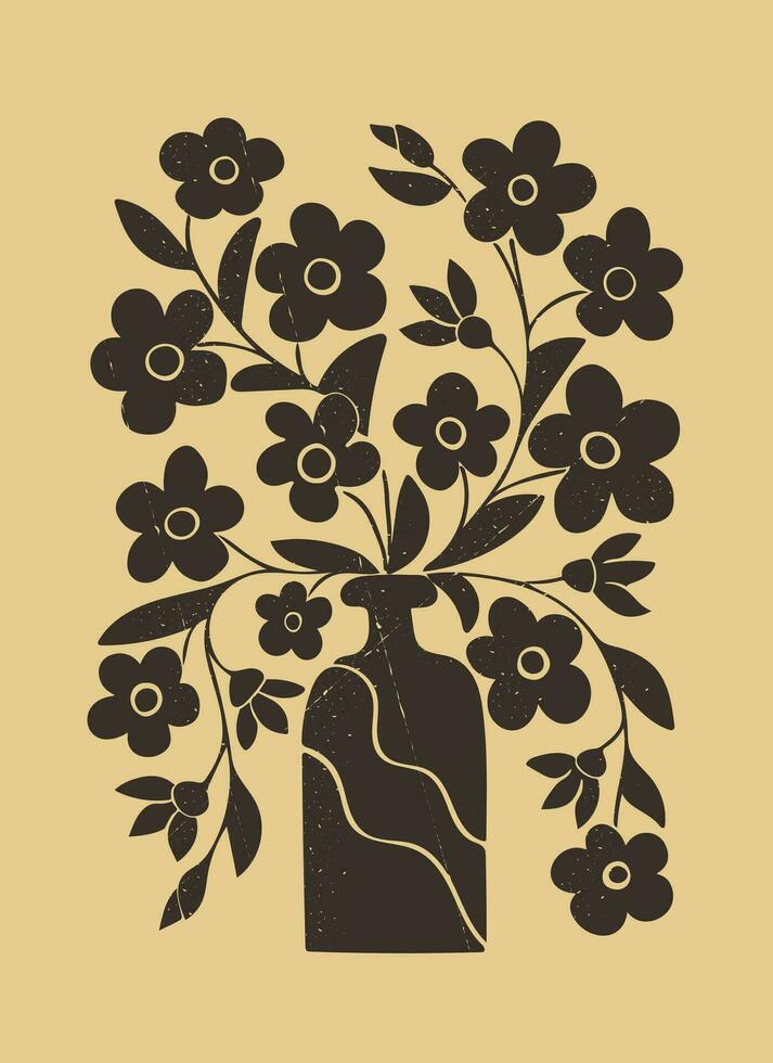 Grunge Duotone Blumen- abstrakt Komposition. modisch Pfirsich Farbe Hintergrund. eben Vektor Illustration mit Pflanze im Vase mit Grunge Textur und Kratzer. Ideal zum ausdrucken, Plakate