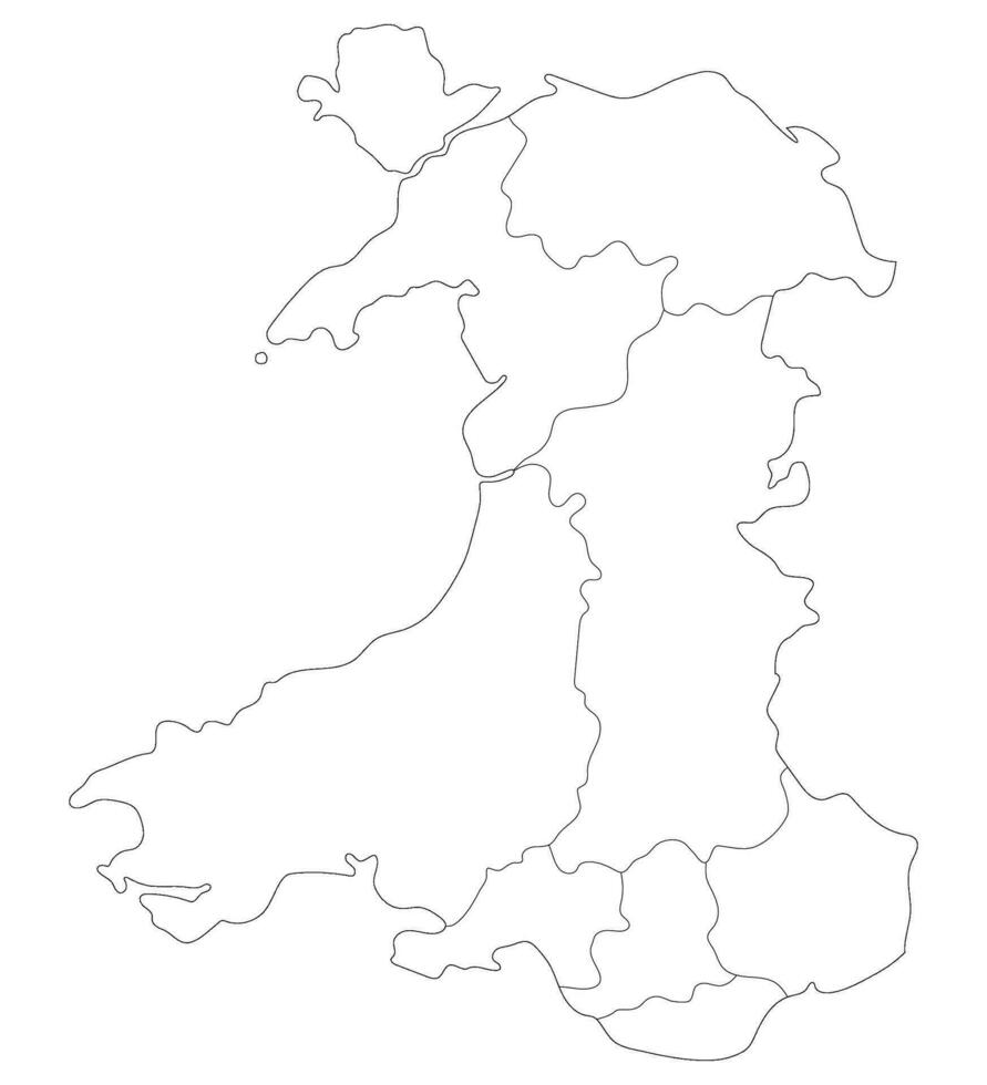 wales Karta. Karta av wales dividerat i huvud regioner i vit Färg vektor