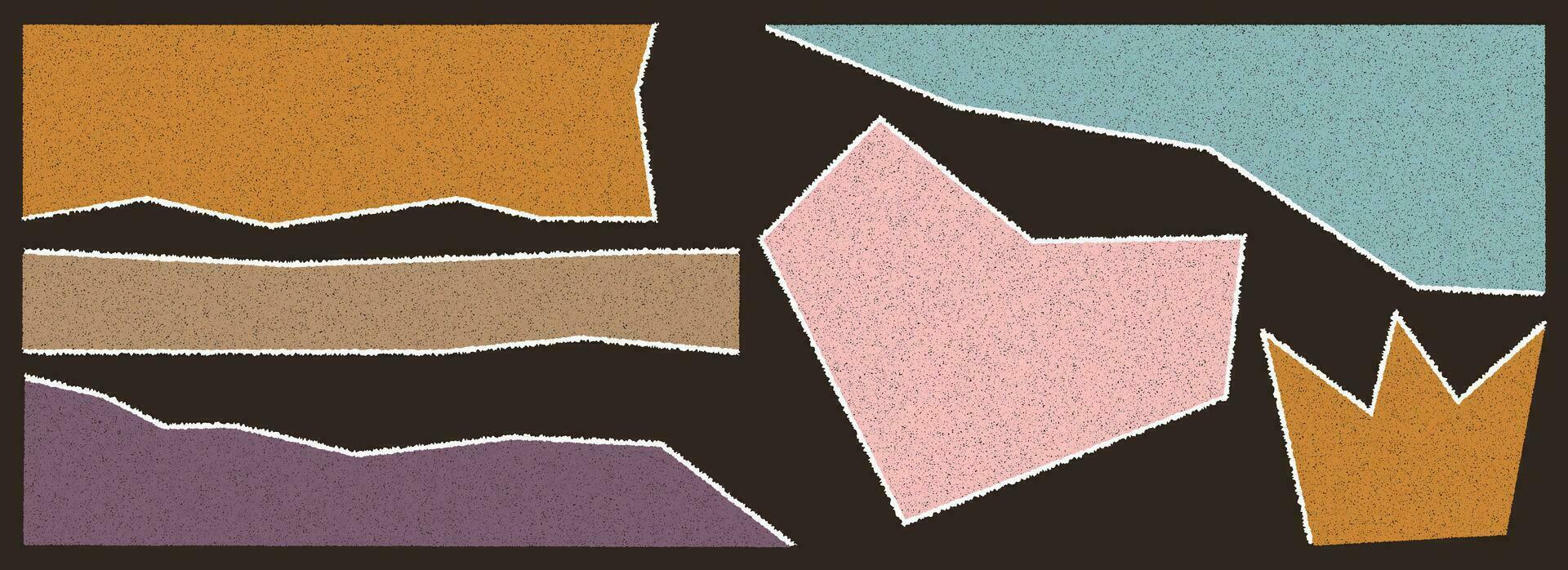 uppsättning av trasig papper av annorlunda färger med spannmål texture.square, hjärta, krona, rektangel och Övrig abstrakt former. trasig, förvrängd, skarp former för retro collage. vektor