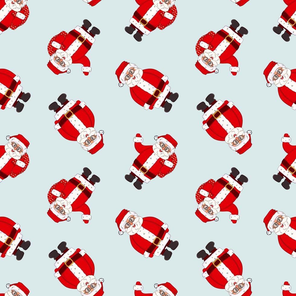Vektor nahtlose Wiederholungsmuster von Cartoon-Umriss-Weihnachtsmännern mit und ohne Spielzeugtüten auf der Rückseite. Der Weihnachtsmann hat eine Brille, einen roten Mantel und einen Hut und ist bereit für die Weihnachtsfeier auf blauem Hintergrund
