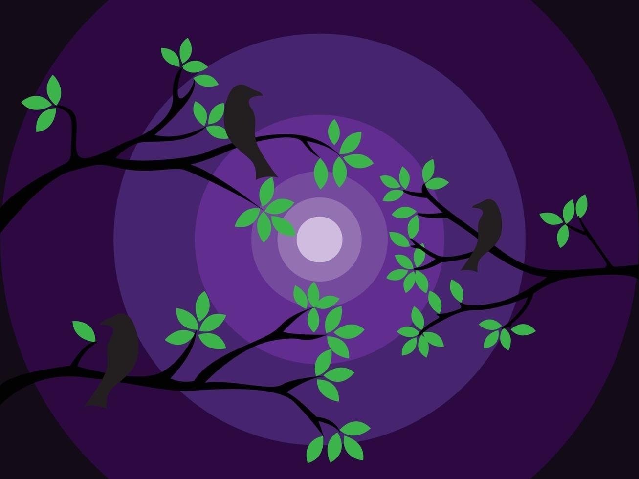 kvistar blad fågel bakgrund, silhuett av ett träd, träd i natten, fågel i natten, kvistar vektor