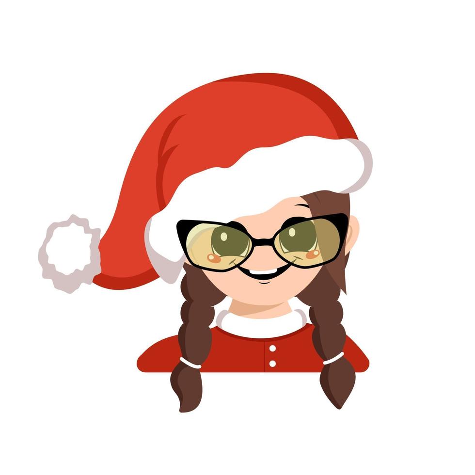 Avatar des Mädchens mit großen Augen und Brille, breites, glückliches Lächeln in roter Weihnachtsmütze. süßes kind mit einem fröhlichen gesicht in einem festlichen kostüm für neues jahr und weihnachten. Kopf eines entzückenden Kindes mit freudigen Emotionen vektor