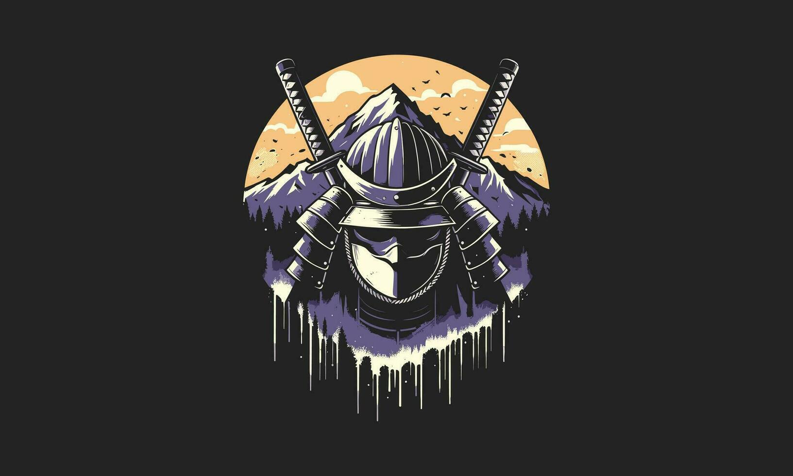 Samurai Maske mit Katana Hintergrund Berg Vektor Design