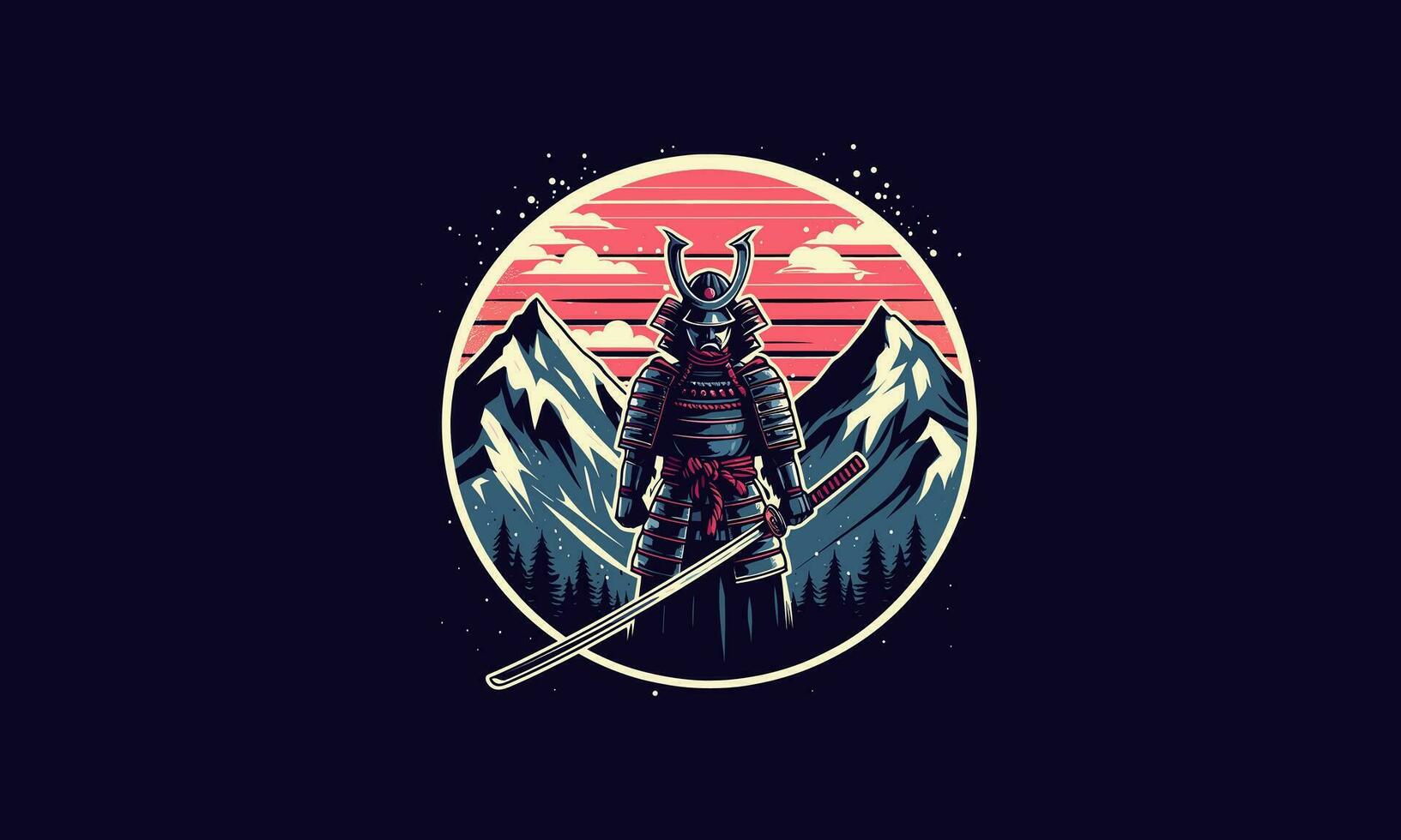 samuraj mask med katana bakgrund berg vektor design