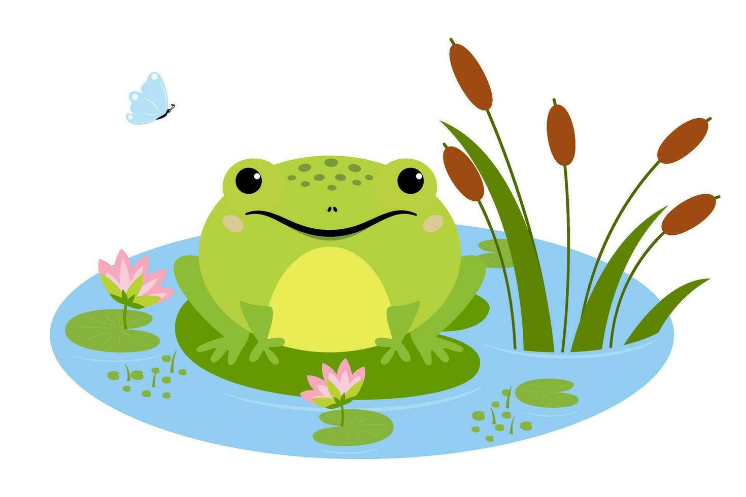 Karikatur Frosch Sitzung im Teich, süß Amphibie. Grün Kröte im natürlich Lebensraum, Frosch Wasser Tier im Teich mit Wasser Lilien und Schmetterling vektor