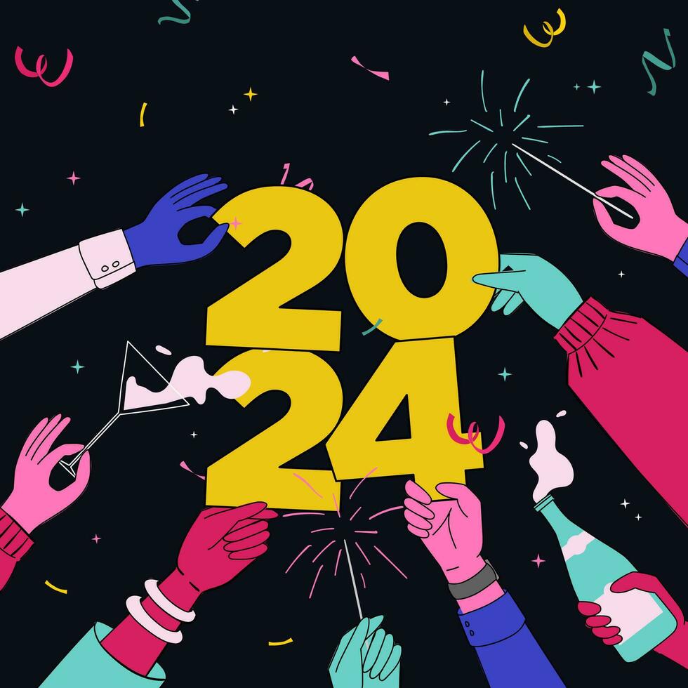 ein Sozial Medien Post Das zeigt an das Hände von ein Vielfalt Gruppe Jubel und feiern Neu Jahr durch spielen Wunderkerze und Trinken Champagner. halten Nummer 2024 vektor